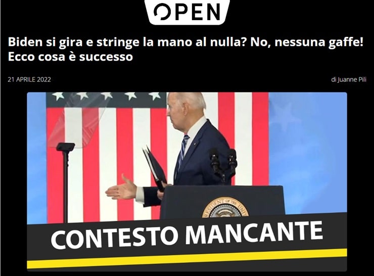 Screenshot da Open, i cui fact-checkers negavano una delle tante gaffe di Biden