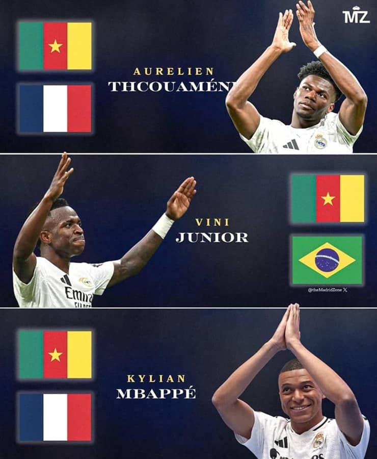 I tre giocatori del Real Madrid con origini camerunesi: Aurélien Tchouaméni, Vinicius Jr. e Kylian Mbappé